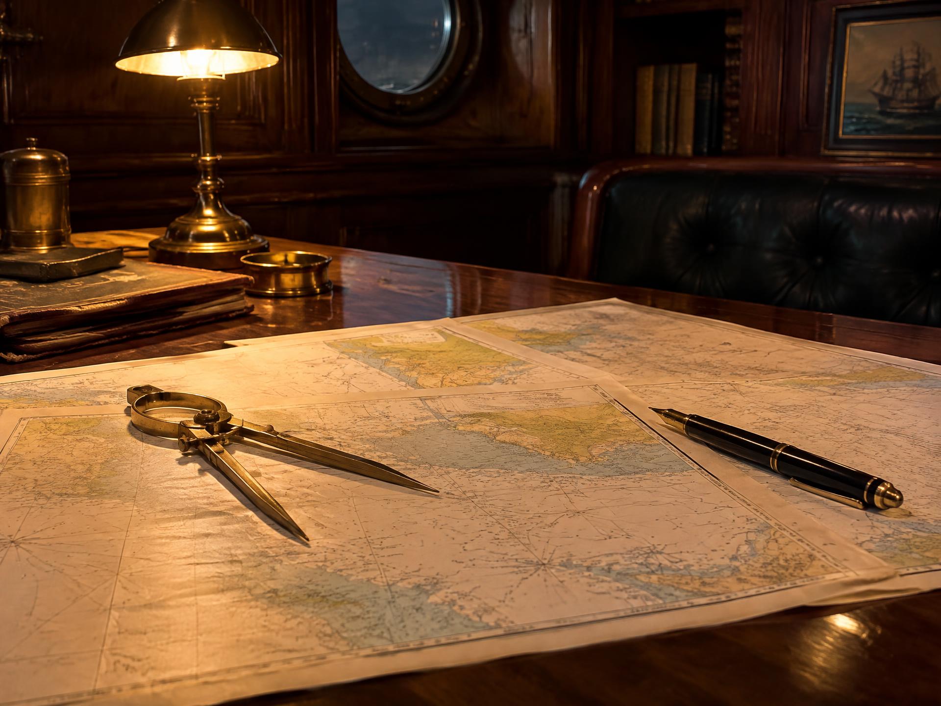 Charts, dividers and brass instruments on a dark wardroom table