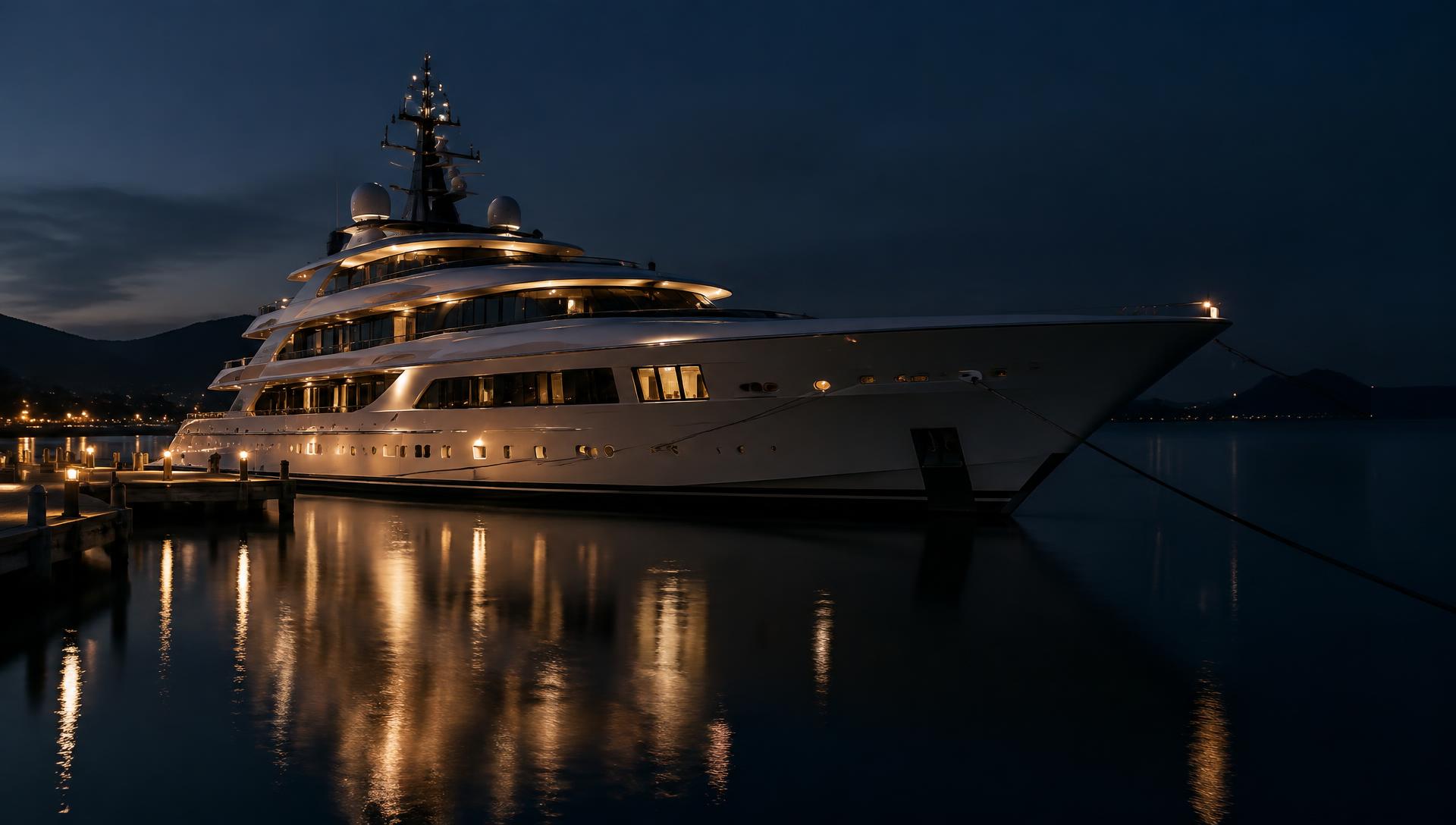A single superyacht moored at a dim marina at dusk